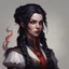 Placeholder: portrait; solid background; dungeons and dragons; human; female; braided black hair; red eyes; vampire spawn; noble; scholar