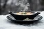 Placeholder: a plate of steaming soup, hig realistic, high contrast, sharp focus, gloomy mood, winter, blur background, perfect shot, perfect composition