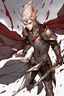 Placeholder: Armored Male Blood Knight Elf by manhwa or korean webtoon style there are lightning and blood spurts around the man, his face pointed at the camera, and with a serious look he lets his opponent know that it's his turn