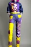 Placeholder: Photo of Scarlett Johansson. Huge printed on denim!!!! :terracotta, cream and purple, lilac and Cream latex parts are bagging. imperial yellow, red plum. Baggy jeans! plant print.European daft punk woman. Baggy jeans! Mantle is sewed of recycled Denim and sewed together of recycled polymer felt. lace, Yellow(Munsell) areas. hint of orange as effect color!!Big bright purple/khaki felt tippet and cream or blue or lilac colored-hood. mantle is merged with satchel, cobalt blue.