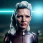 Placeholder: Ultra Realistic retro sci-fi movie war scene, waist up view portrait, blonde Jedi woman pointing a gun, sweet Kate moss face, perfect iris, glow eyes, makeup, weapon. Drones background, Retro sci-fi style, helmet, tight latex coat, fog, rain, soft color, highly detailed, unreal engine 5, ray tracing, RTX, lumen lighting, ultra detail, volumetric lighting, 3d, finely drawn, high definition, high resolution.