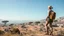 Placeholder: A photorealistic image of a slender 60-year-old woman, in brown shorts, a shirt and boots, with a backpack, standing on a hill looking down on a derelict futuristic village with low flat alien buildings with trees and fungi in clumps, right blue sky.