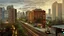 Placeholder: A cityscape at night with a train track running through the center, surrounded by tall buildings and a cloudy, dramatic sky