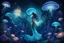 Placeholder: underwater swimming one bioluminescence skin sea fairy mermaid woman each together one giant bioluminescence jellyfish , around fantasy nature, with neon bioluminescence flowers, sea bubles, neon sea plants, etheral, dark blue background ethereal fantasy hyperdetailed , stunning