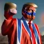 Placeholder: realistic image of donald trump as a mexican wrestling fighter posing outdoors, Mexican eyes wrestling mask, red and blue breeches, confederate flag cape, retro style, 80s, vibrant color, highly detailed, sky background, concept art, unreal engine 5, god rays, ray tracing, RTX, lumen lighting, ultra detail, volumetric lighting, 3d, finely drawn, high definition, high resolution.