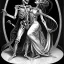 Placeholder: Memento mori with a tired looking 3/4 length skeleton standing behind and embracing in a dance like swirl a fainting young maiden, looks like a deep metal engraving, macabre gothic romantic art by Henry Fuseli, by Virgil Findlay, dynamic posture, macabre romance, couple is surrounded by botanical flower motifs, rich colors.