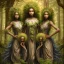 Placeholder: Painting .three women. A mother. Two daughter. Twins. A mother with her children the faces of three young black women. wood nymphs emerging from the forest. Her hair looks like vines. Dreadlocs. Her skin is the colour of dark soil. Her skin looks like tree bark. Her clothing is made of vines, grass and leaves.