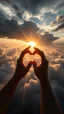 Placeholder: Sun light above swirling clouds, emerges from the heart of a raging storm. Turbulent winds of steam swirl around the earth lit by shafts of sunlight that cast dramatic shadows on the A beautiful 2 hands making a heart shape sign , High quality 16k cinematic scene and great photography