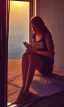 Placeholder: Beautiful, thin young woman, Arab home clothes, wavy hair, sitting on an office chair, reading a novel, next to a window, outside the window is sunset , 8k, finely detailed, photo realistic, cinematic