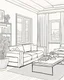 Placeholder: Line art, coloring book, clear thick lines, white background, line art of a living room scene inside a modern and urban European house.