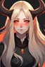 Placeholder: A Girl who is a bit chubby with white long hair, orange eyes , and black demon horns