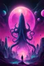 Placeholder: A surreal synthwave landscape featuring a towering cosmic entity with tentacles reaching towards a neon-lit city, under a sky filled with glitching stars, a distorted moon, and dark, swirling cosmic anomalies.