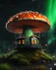 Placeholder: A solitary floating mushroom house on a clear night. silver and green and orange, Dark cosmic interstellar. Detailed Matte Painting, deep color, fantastical, intricate detail, splash screen, hyperdetailed, insane depth, concept art, 8k resolution, trending on Artstation, Unreal Engine 5, color depth, backlit, splash art, dramatic, High Quality Whimsical Fun Imaginative Bubbly, perfect composition