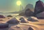 Placeholder: Sunny day, people, rocks, sand, distant modern city