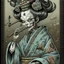 Placeholder: zombie geisha with pale cracked skin wearing a gas mask, baroque, macabre grim illustration, by Phlegm