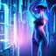 Placeholder: cyberpunk, body, woman, rendering, blue hair, electric circuits in backgound, googles