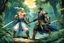 Placeholder: (in the style of Orion, by Masamune Shirow) DUEL: a tattooed gangsta monk with his staff fights against a paladin knight with his two handed sword zweihander in the jungle