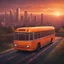 Placeholder: A futuristic orange bus gracefully traverses a bridge, overlooking a picturesque cityscape at sunset.