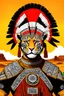 Placeholder: Striking portrait of Nantli warrior as anthropomorphic puma, adorned with intricately designed traditional armor and headdress. His face, painted with black and white patterns, radiates a fierce and determined expression. A red sun adorns his headdress, symbolizing strength and power. The background, a vast, golden desert landscape, with a sun setting behind some rocky outcrops. 8k. Full body