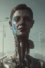 Placeholder: A portrait of post-apocalypse cyborg faceing a human in a cyberpunk city, sci-fi fantasy style, volumetric lighting, particales,highly detailed,cinamatic, deep colours,8k.