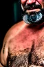 Placeholder: close up photography, dirty burly chubby Italian strong 48 years old homeless man, dripping milk from open mouth, dripping on the beard, with dirty tank top, emotional eyes, manly chest, photo, Canon EOS, lens 35mm, natural lights, 8K, in the morning