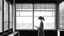 Placeholder: monochromatic japanese classroom with a shadowy figure looking out the window holding a transparent key emanating glow that colors the surroundings, anime