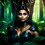 Placeholder: Morena Baccarin as a beautiful sexy dark elf queen seated elegantly on a throne in a mystical forest, dark celtic vignette frame, photo-realistic, cinematic lighting, award-winning photography