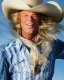 Placeholder: Large man with blonde wig playing cowboy