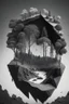 Placeholder: Beautiful landscape with trees, earth opens up and breaks down in black polygons.