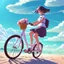 Placeholder: A girl is riding a bicycle on the beach. His cat is sitting in the front basket of the bicycle. Spring flowers can be seen everywhere. Beautiful blue sky with white clouds - kites in the sky. sense of peace. digital art, anime, 8k, full details, colorful, high resolution