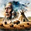 Placeholder: The old Cherokee man of the Great Plains, double exposure Cherokee mans face formed by a Teepee in a grass plains with Buffalo, watercolor by Jean-Baptiste Monge and Yossi Kotler, Modifiers: sharp focus extremely detailed intricate oil on canvas portrait hyperrealistic high definition crisp quality