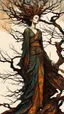 Placeholder: Egon Schiele, Abraham Rattner style abstract expressionist, full body comic book illustration of a pagan druid priestess, bristlecone pine sculpture , dark and dry branches, harmony, intricately detailed, highly detailed facial features, ethereal, elemental, otherworldly, the smell of the ancient essence of eternity in vibrant natural color