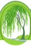 Placeholder: Logo of a pretty green willow tree with long hanging branches, outside a square window with an arch, emphasize the window, serene tranquil background.