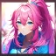 Placeholder: Clear focus, 8k, beautiful lighting, vibrant colors, girl, pink hair, long hair, vibrant blue eyes, ponytail, messy hair, hair in between the eyes,