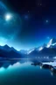 Placeholder: A blue lake, high mountains with snow on the top in the background, a starry night with a visible planet, big saturn