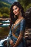 Placeholder: full shot body photo of the most beautiful artwork in the world featuring model, happy mood, High Detail, dramatic, photo realistic, ultra sharp, ultra hd, hyper realistic, ultra realistic, ((((dress)))), trending on artstation, sharp focus, studio photo, intricate details, highly detailed, standing in nice pose in country side with river ,water fall ,rocky valley,mountains at background, pretty clouds