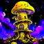 Placeholder: A fantabulous black, yellow, and indigo (((mushroom tower house))) erected atop a (geologic pillar), surrounded by the uncanny imaginative ((( swirling skies))), offset by the stark hues of a (neon-tinged nebulous space scape), within. captured by the hand a skilled master painter with a focus on (softly blurred compositions and voluminous lighting).