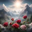 Placeholder: realistic a serene mountain landscape. clouds, a light spot with sunbeams. Three red roses rise separately to the bright spot. The bottom rose is the largest, the top rose is the smallest. everything detailed, environment detailed, 3D beautiful natural background