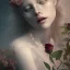 Placeholder: woman lying on satin pilow with closed eyes and cobwebs on face, hands crossed on holding roses, 8k, high-quality, fine-detail, intricate, sharp, crisp, digital art, detailed matte, illustration, octane render, brian froud, howard lyon, Anne Dittman, Anne Stokes, Lisa Parker, Selina French