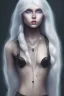 Placeholder: A beautiful young woman with long white hair and blue eyes, pale skin with opal freckles. Wearing a black dress