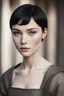 Placeholder: Scandinavian athletically built medieval woman with black short hair, pale skin, pretty lips