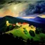 Placeholder: Drawing of 'Poenari Castle'Romania,full moon,mountains,Storm,lighting,painting by Earl Norem, simon Bisley,frazetta,西嘛哒, evan lee, Vallejo,kelly,Paul Gauguin oil on canvas, cinematic composition, extreme detail,fit full head inside picture,8k