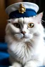 Placeholder: retrato de un gato blanco peludo de ojos celestes con gorro y uniforme militar