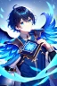 Placeholder: a person in runic armor with blue wings, blue short hair, runic tattoo and spell book, male