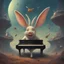 Placeholder: bugs bunny composer piano, diffrent planet, one swine pig piggy flying wasp angel, beksinski style