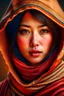 Placeholder: (1girl), (best quality, masterpiece:1.2), cowboy-shot, posing, beautiful japanese woman, (hood up:1.2), (silk long dress with hood:1.3), (hollow pattern, silk), hood, short brown hair, belt, (photorealism:1.2), real human skin, detailed beautiful face, detailed skin texture, symmetrical eyes, look_at_camera, (looking at the viewer), realistic, sharp focus, highly detailed, lifelike image, cinematic lighting, HDR, (ultra hires:1.3), film