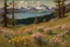 Placeholder: Sunny day, pine trees, mountains, prairie, flowers, lake, rocks, spring, philip wilson steer impressionism painting