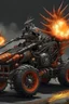 Placeholder: An advanced motorcycle with four wheels and a turbo jet in the back with rockets and machine guns Sauron, the lord of darkness, with the devil and his army, in the land of destruction