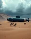 Placeholder: A nuclear submarine left in the desert with sands camels and stormy clouds ,