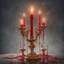 Placeholder: Red candles on a three-armed gold candlestick, dripping wax. Illustrative art, art interpretation, concept art, cgsociety contest winner, seasonal art, seasonal art HD, 4k, 8k, intricate, detailed, intricately detailed, luminous, translucent fantasy crystal, holographic data, soft body, shadow play, light, fog, atmospheric, cinematic, light film, hyper-detailed, hyper-realistic, masterpiece, atmospheric, high resolution, 8k, HDR, 500px, mysterious and artistic digital art, phototic, intricate, f